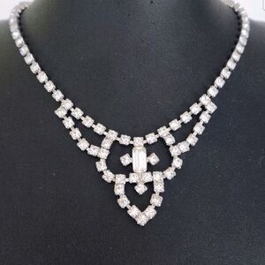 Vintage Clear Rhinestone Drop Bib Necklace Baguette Center Bridal Prom 14"